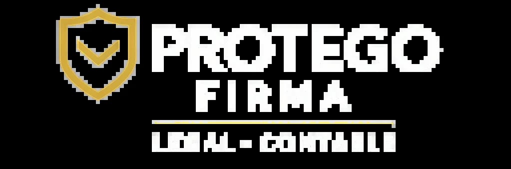Protego Firma logo con escudo dorado icon y texto legal contable en fondo negro