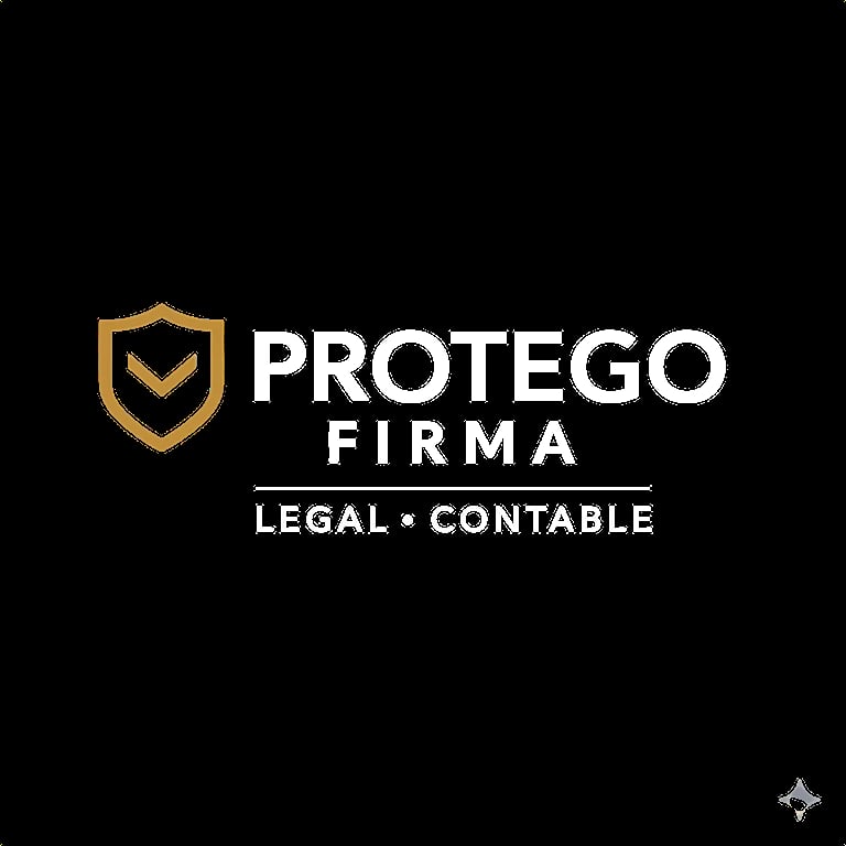 Protego Firma logo featuring a gold shield emblem with a checkmark, company name in white text, and Legal Contable tagline on black background